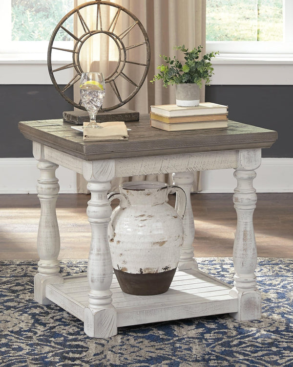 Havalance end table with two-tone gray and white distressed finish angle view