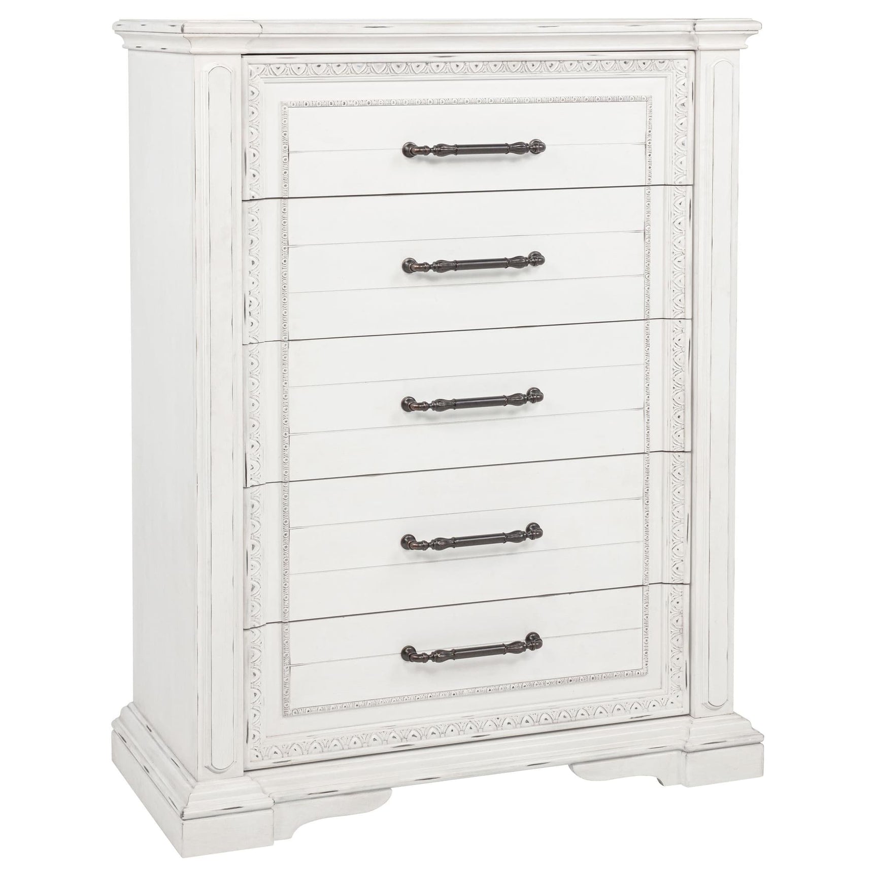 McKinney 5-drawer vintage white bedroom chest front view