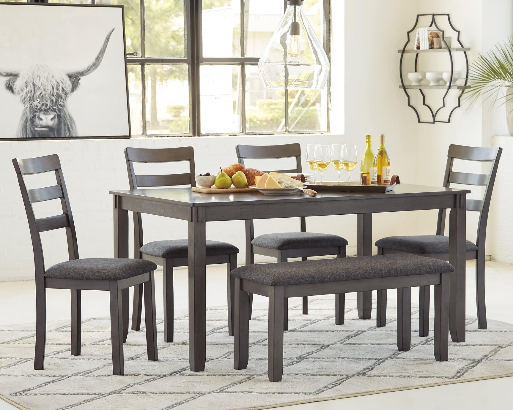 Bridson 6-piece gray dining table set with bench and ladderback chairs