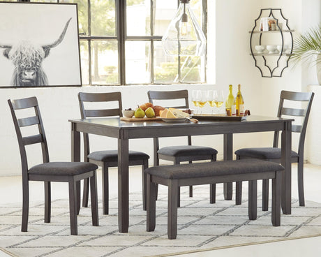 Bridson 6-piece gray dining table set with bench and ladderback chairs