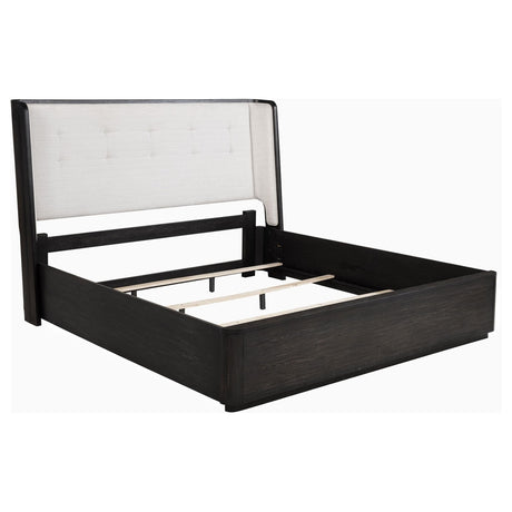 Leandro Eastern King wingback bed front view in burnished black frame
