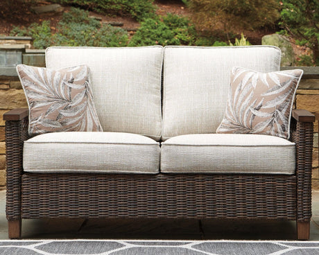 Paradise Trail Outdoor Loveseat in medium brown, front angle view