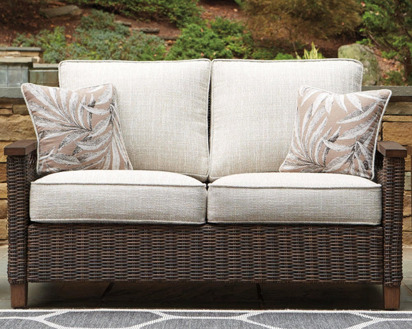Paradise Trail Outdoor Loveseat in medium brown, front angle view