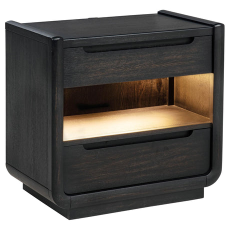 Leandro 2-drawer nightstand in burnished black, front view