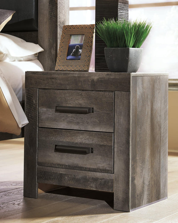Wynnlow Gray Nightstand front view showing two drawers and bottom shelf
