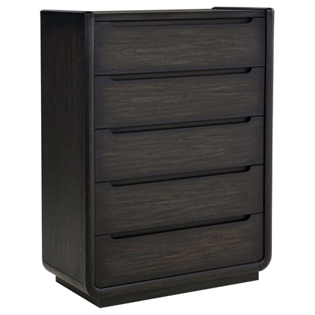Leandro 5-drawer bedroom chest of drawers burnished black front view