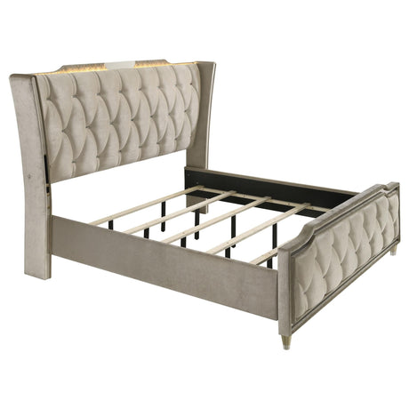 Lorient Queen LED Upholstered Wingback Bed ivory and camel velvet front view