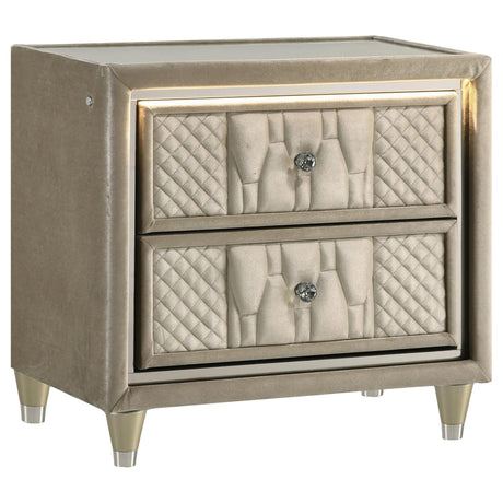 Lorient 2-drawer LED nightstand ivory and camel velvet front view