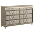 Lorient 8-drawer LED bedroom dresser front view in ivory and camel velvet
