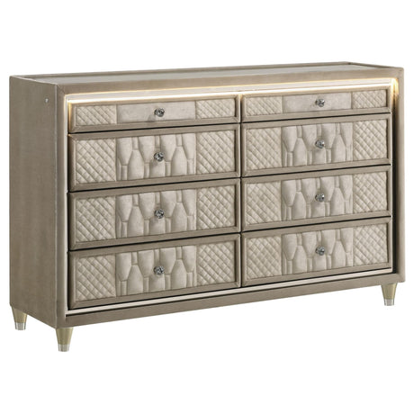 Lorient 8-drawer LED bedroom dresser front view in ivory and camel velvet