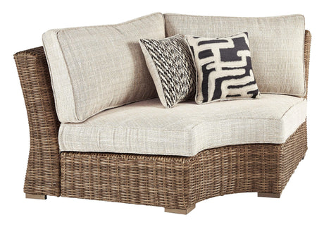 Front view of Beachcroft Beige Curved Corner Outdoor Lounge Chair with Cushion