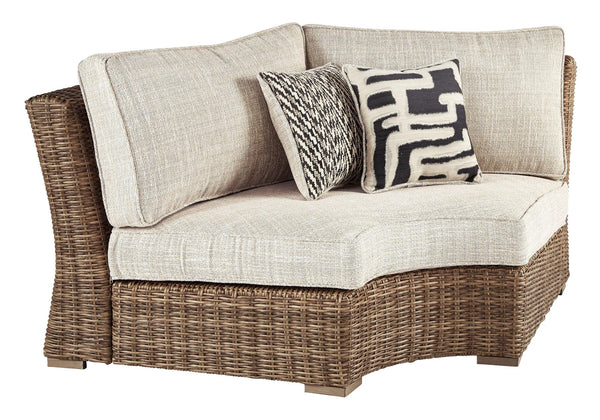 Front view of Beachcroft Beige Curved Corner Outdoor Lounge Chair with Cushion