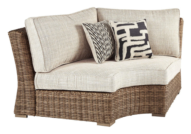 Front view of Beachcroft Beige Curved Corner Outdoor Lounge Chair with Cushion