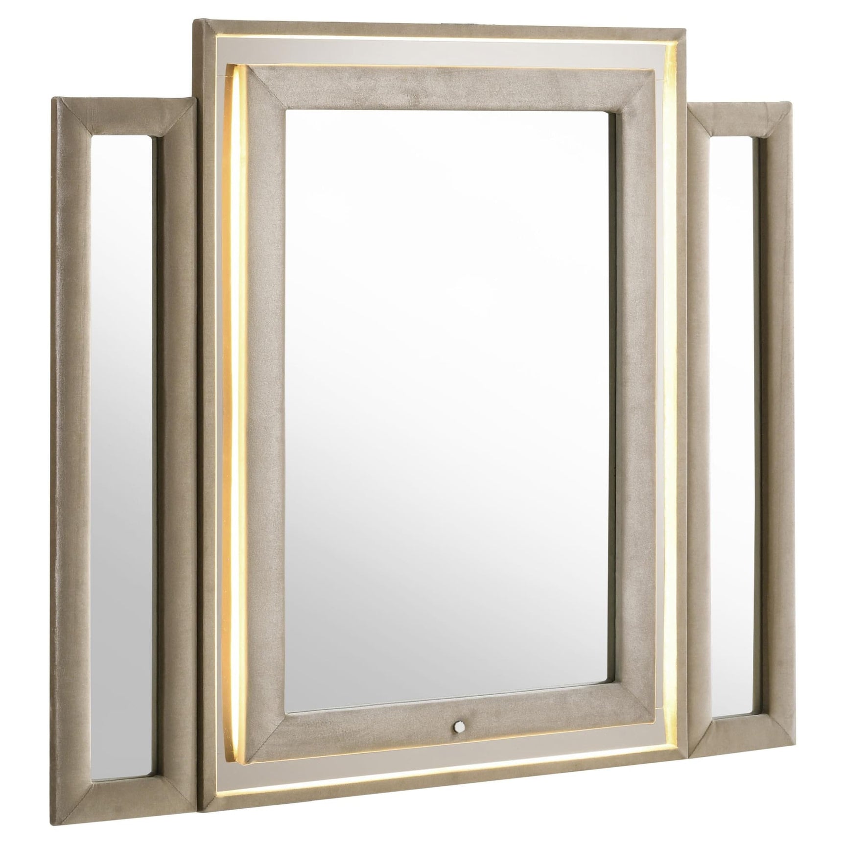 Lorient tri-panel LED dresser mirror with ivory and camel velvet upholstery, front view