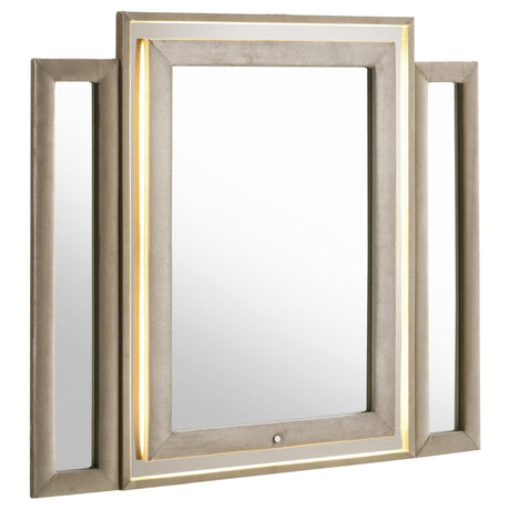 Lorient tri-panel LED dresser mirror with ivory and camel velvet upholstery, front view