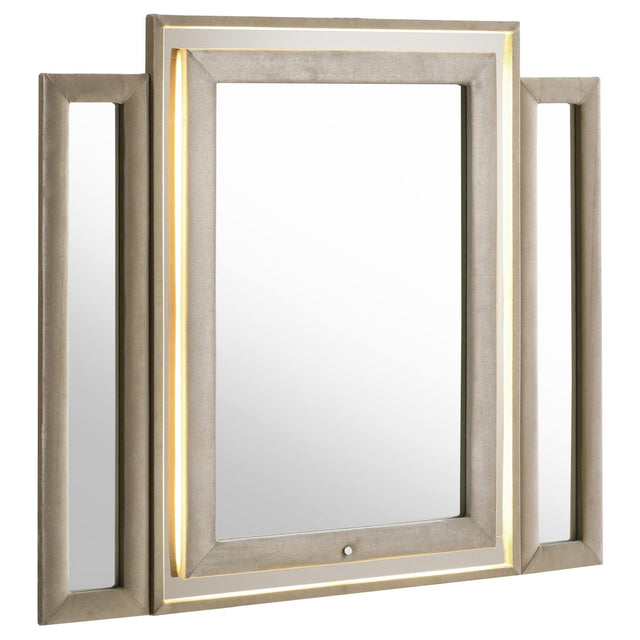 Lorient tri-panel LED dresser mirror with ivory and camel velvet upholstery, front view
