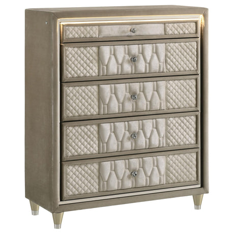 Lorient 5-Drawer LED Chest of Drawers ivory and camel, angled front view showing quilted velvet drawers and crystal knobs