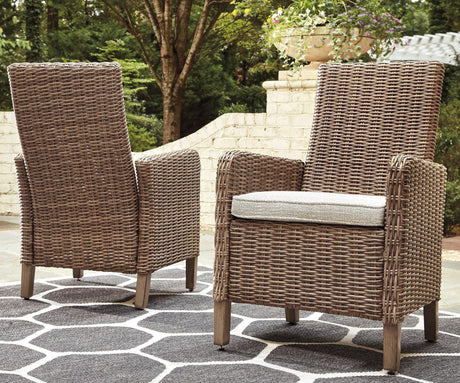 Beachcroft Beige Outdoor Dining Arm Chair with Cushion front angle