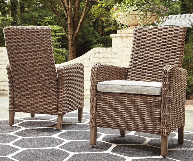 Beachcroft Beige Outdoor Dining Arm Chair with Cushion front angle