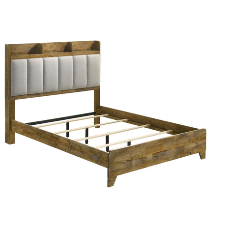 Henderson queen bookcase panel bed side angle showing medium oak finish and upholstered headboard
