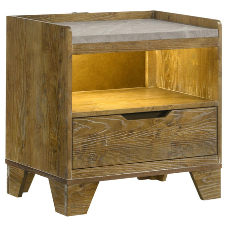 Henderson nightstand front view showing faux marble top and drawer