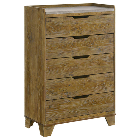 Henderson 5-drawer bedroom chest in medium oak finish, front angle