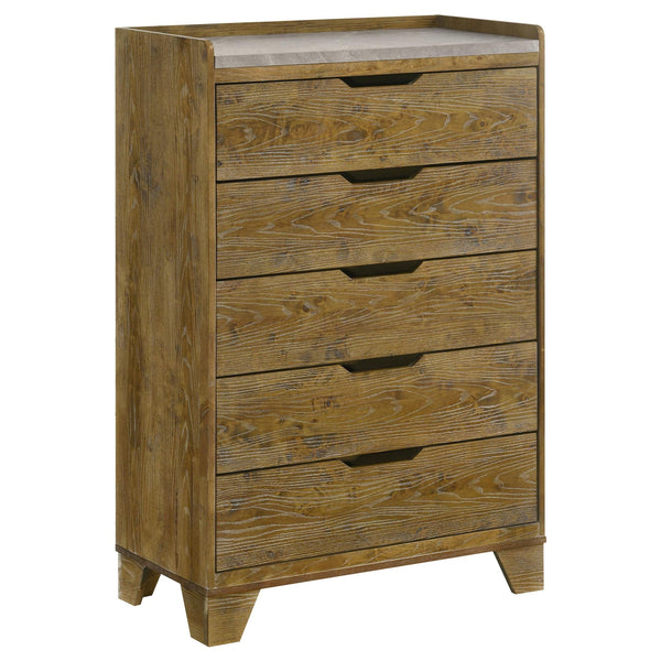 Henderson 5-drawer bedroom chest in medium oak finish, front angle
