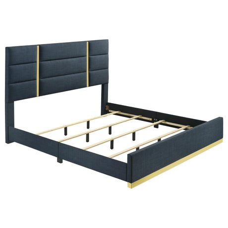 Ines 52-inch navy fabric upholstered Eastern King panel bed front view