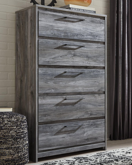 Baystorm Gray Chest of Drawers front angle in smoky gray finish