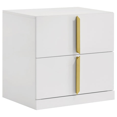 Ines 2-drawer nightstand white high gloss with gold handles front view