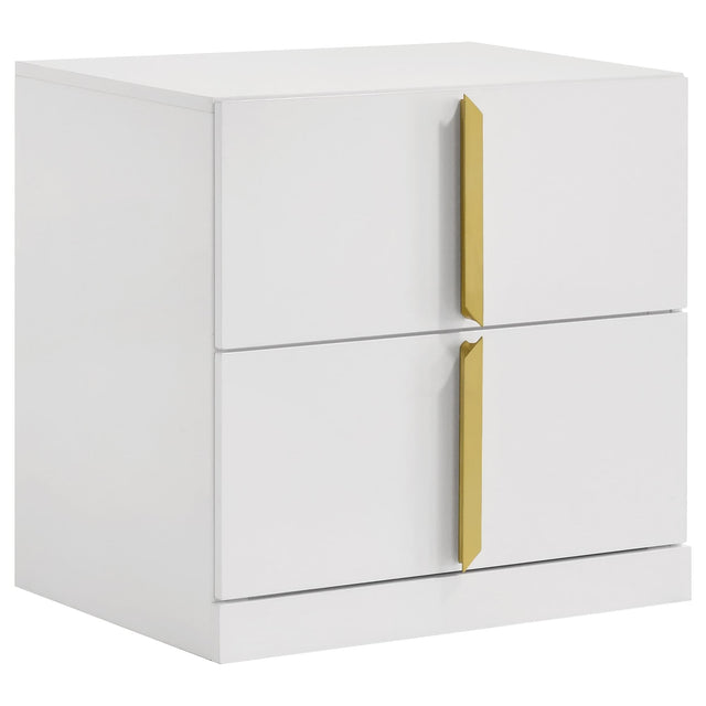 Ines 2-drawer nightstand white high gloss with gold handles front view
