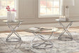 Hollynyx set of 3 chrome base tables with clear glass tops in living room setting