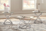 Hollynyx set of 3 chrome base tables with clear glass tops in living room setting