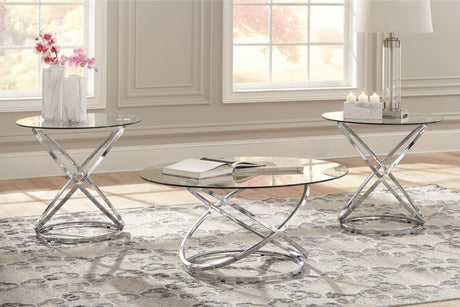 Hollynyx set of 3 chrome base tables with clear glass tops in living room setting