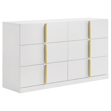 White high gloss Ines 6-drawer bedroom dresser front view