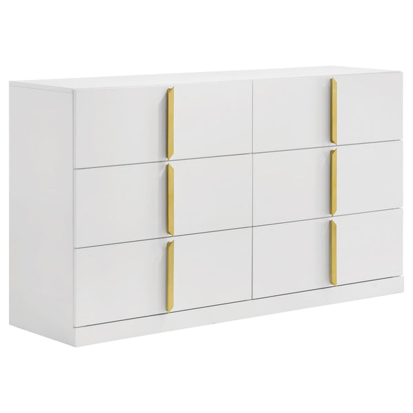 White high gloss Ines 6-drawer bedroom dresser front view