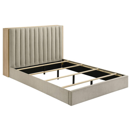 Arielle Queen Bookcase Panel Storage Bed in Light Oak showing full front angle