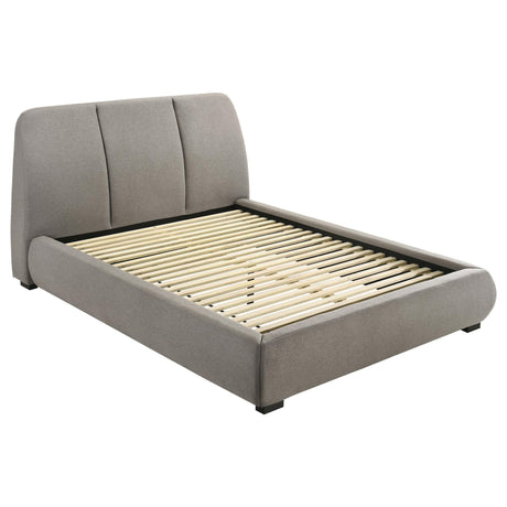 Mokena taupe upholstered queen platform bed front angle