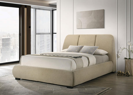 Mokena 46-inch Upholstered Eastern King Platform Bed Brown, front view with flared headboard