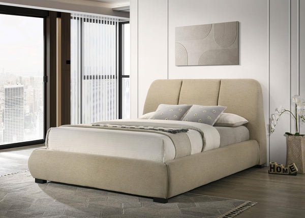 Mokena 46-inch Upholstered Eastern King Platform Bed Brown, front view with flared headboard