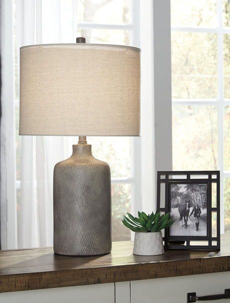 Linus antique black ceramic table lamp with white fabric shade, side view