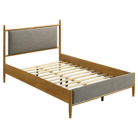 Mason Full Panel Platform Bed in grey fabric with light brown wood, front view