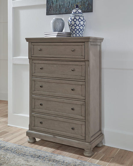 Lettner Light Gray 5-Drawer Chest - front angle view
