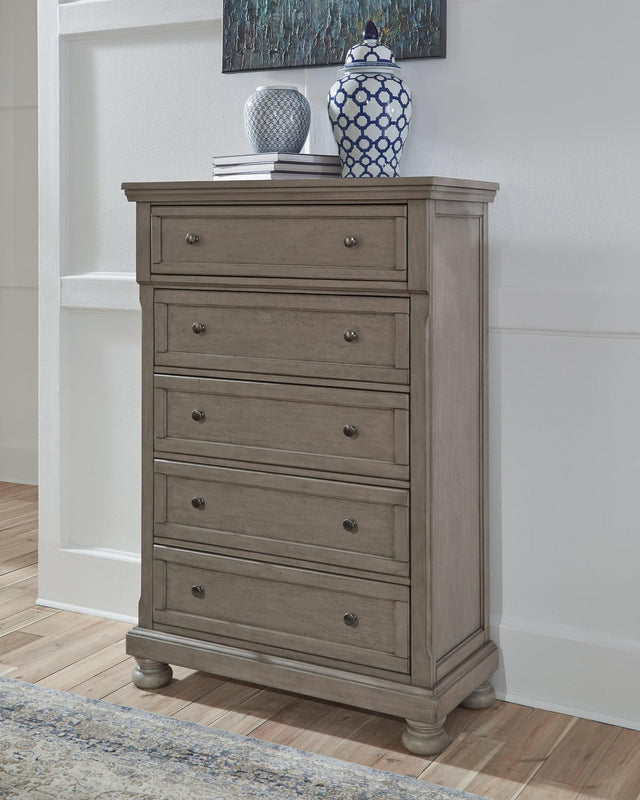 Lettner Light Gray 5-Drawer Chest - front angle view