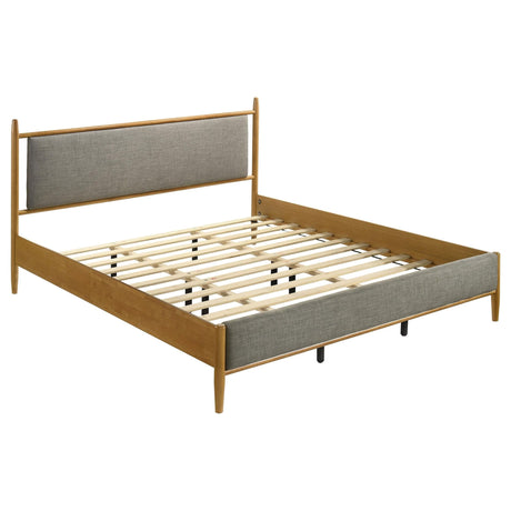 Mason Eastern King panel platform bed, front view showing fabric headboard