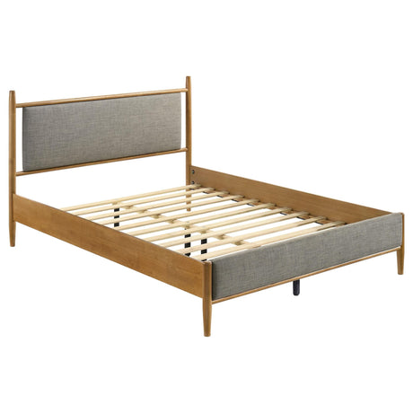 Mason queen panel platform bed front view showing grey fabric headboard and light brown wood frame