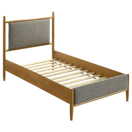 Mason 46-inch Twin Panel Platform Bed in grey fabric and light brown wood finish, side view