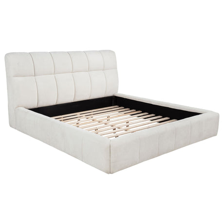 Nollet upholstered queen panel platform bed, front view, cream fabric