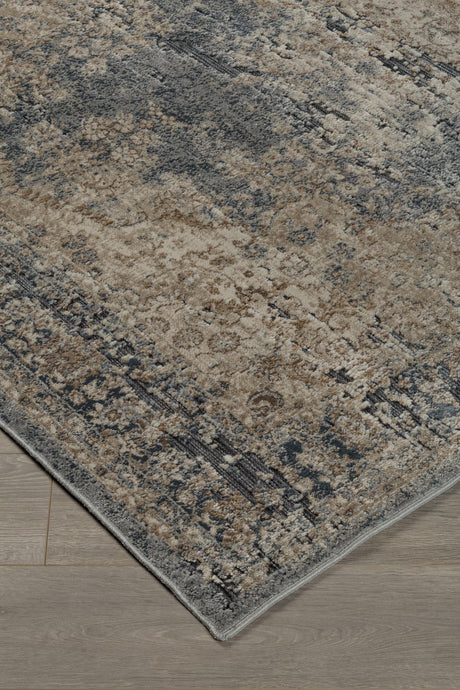 South Blue and beige 5 foot by 7 foot area rug, full view