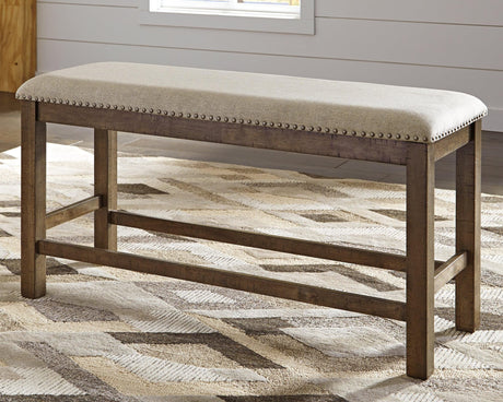 Moriville beige upholstered counter height dining bench front angle